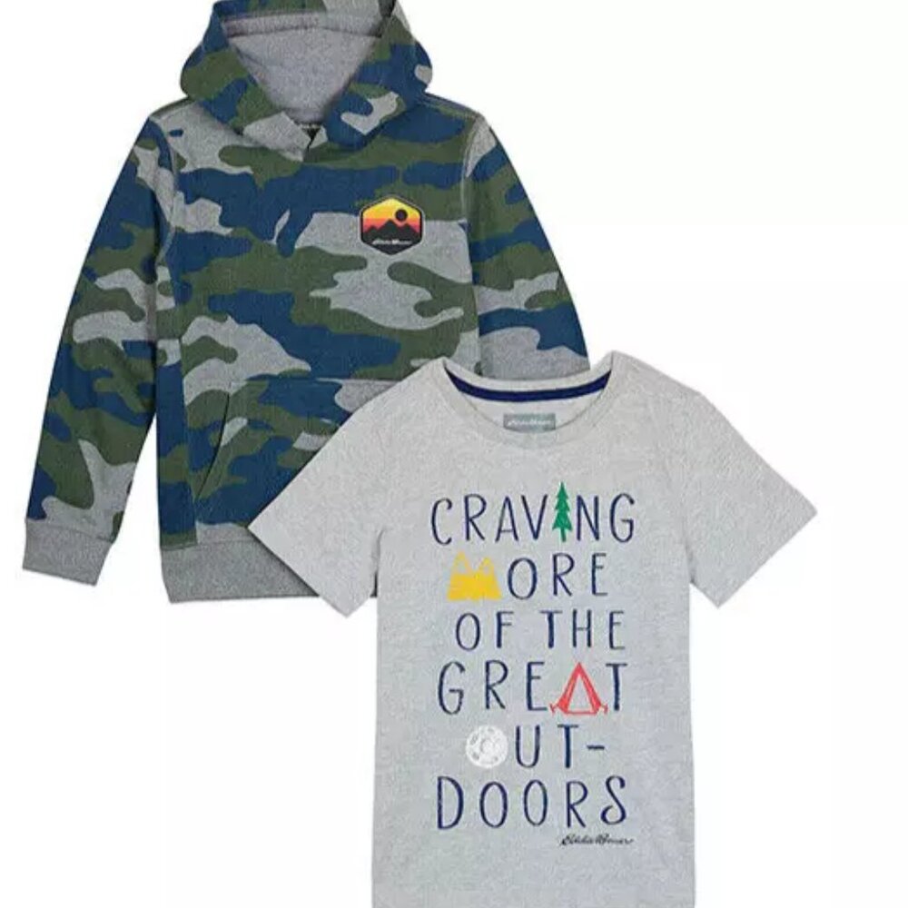 NWT Eddie Bauer Camo Hoodie Sweatshirt & Tee Shirt Set Boys Size XS(5/6)